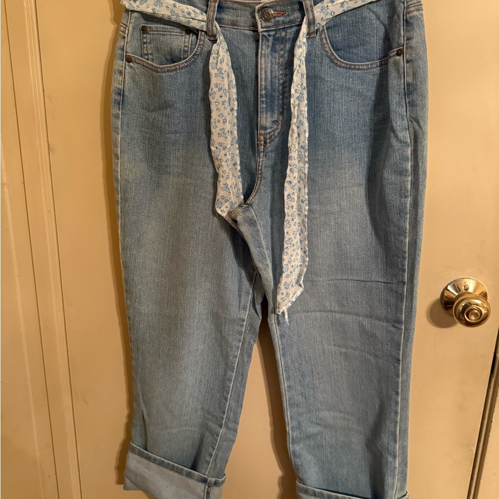 Women's Light Blue Jeans zipper fly scarf belt folded hem baggy fit s 12